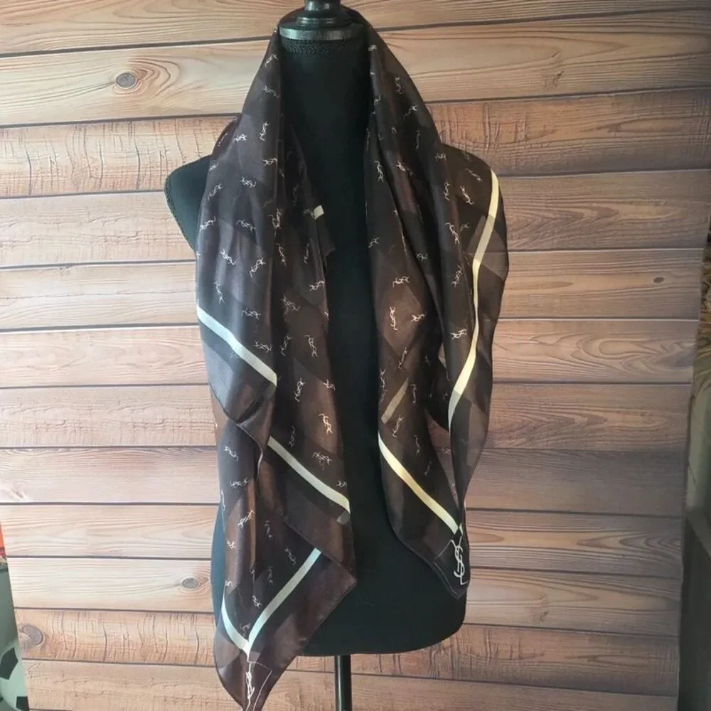 YSL Monogram Brown 37x37 Inch Silk Blend Scarf All Over Print Wrap